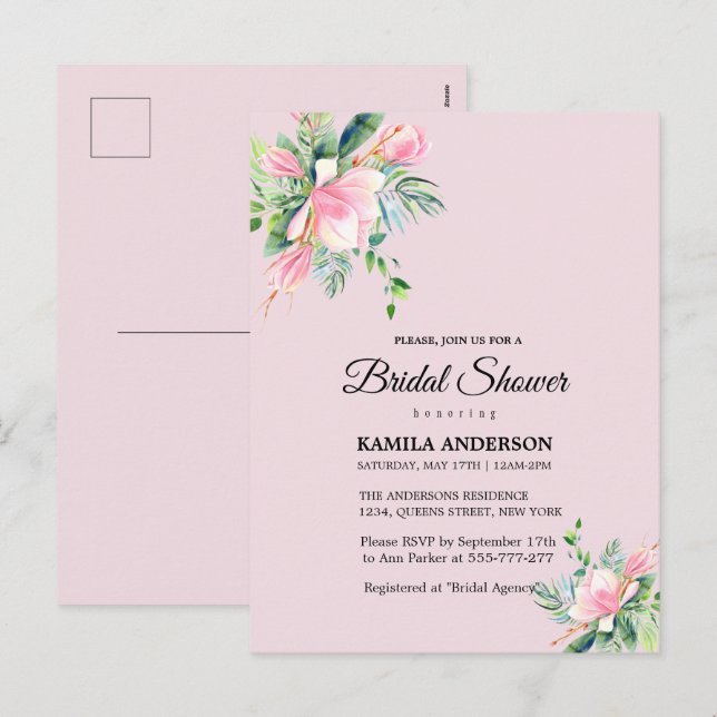 Elegant Pink Magnolia Watercolor Bridal Shower Holiday Postcard (Front/Back)
