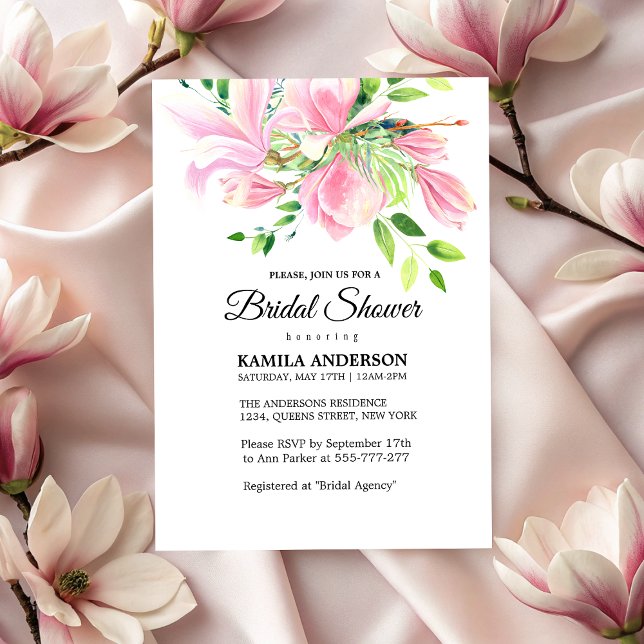 Elegant Pink Magnolia Watercolor Bridal Shower Invitation (Elegant Pink Magnolia Watercolor Bridal Shower Invitation)