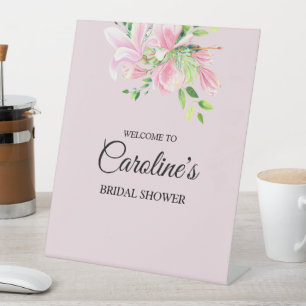 Elegant Pink Magnolia Watercolor Bridal Shower Pedestal Sign