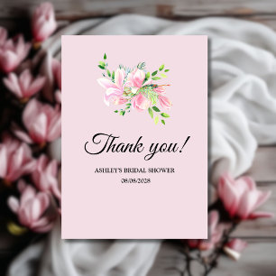 Elegant Pink Magnolia Watercolor Bridal Shower Thank You Card