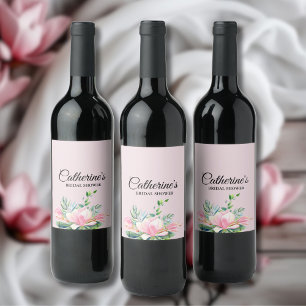 Elegant Pink Magnolia Watercolor Bridal Shower Wine Label