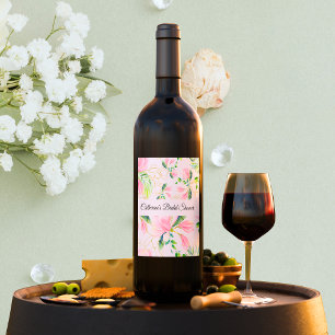 Elegant Pink Magnolia Watercolor Bridal Shower Wine Label