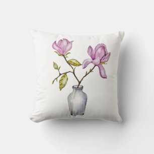 Elegant Pink Magnolia Watercolor in Glass Vase Cushion