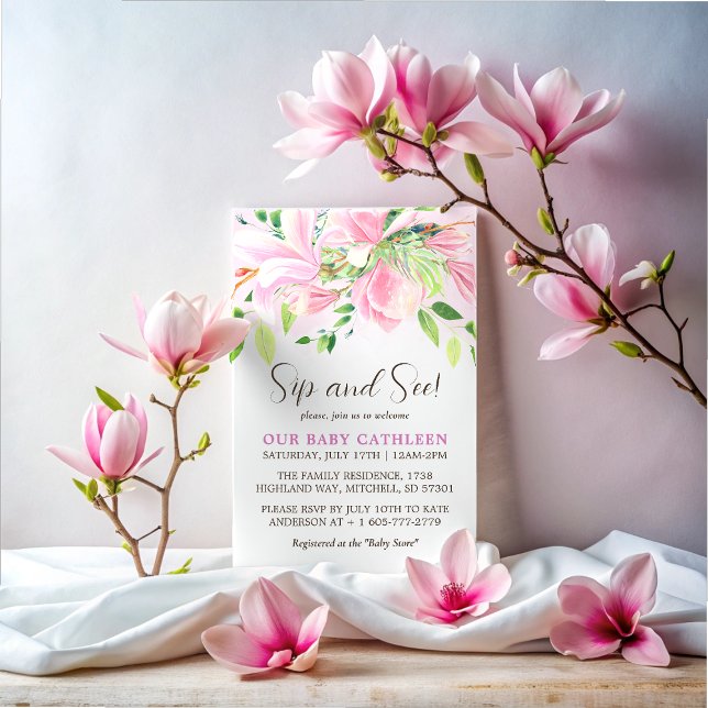 Elegant Pink Magnolia Watercolor Sip and See Invitation (Elegant Pink Magnolia Watercolor Sip and See Invitation)