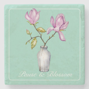Elegant Pink Magnolia Watercolor Stone Coaster