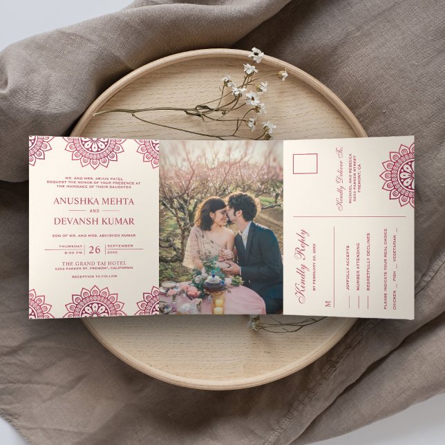 Elegant Pink Mandala Traditional Indian Wedding Tri-Fold Invitation (Creator Uploaded)