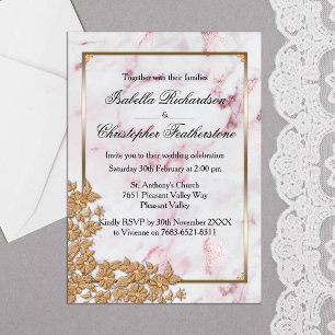 Elegant Pink Marble and Gold Pearls Wedding Postcard