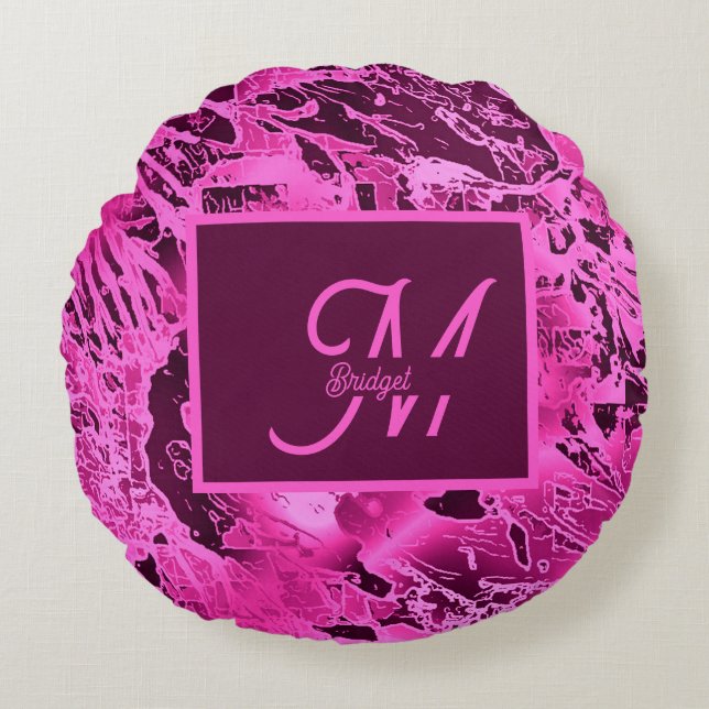 Elegant Pink Marble bold Monogram Typography Round Cushion (Front)