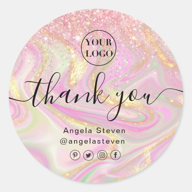 elegant pink marble chic gold glitter  classic rou round sticker (Front)