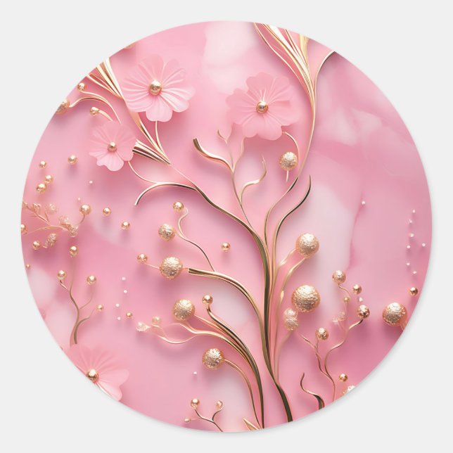 Elegant Pink Marble Gold Accents Classic Round Sticker (Front)