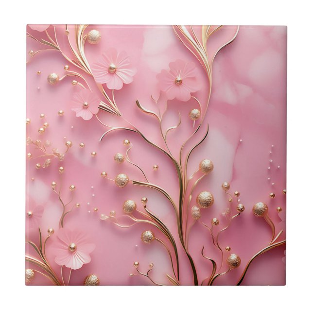 Elegant Pink Marble Gold Accents Tile (Front)
