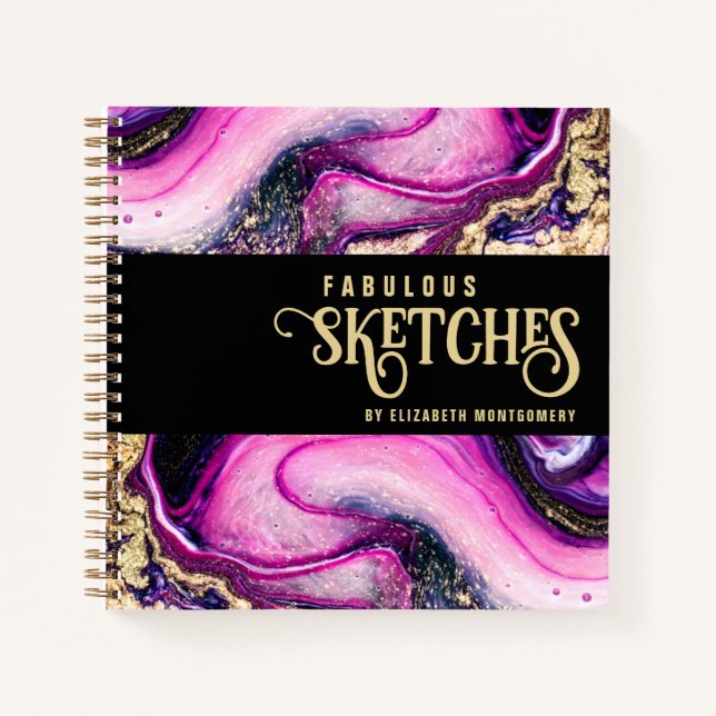 Elegant Pink Marble Gold Glitter Glam Sketch Book (Front)