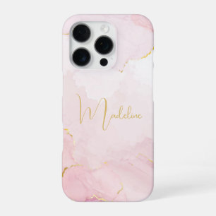 Elegant Pink Marble Gold Script Name iPhone 16 Pro Case