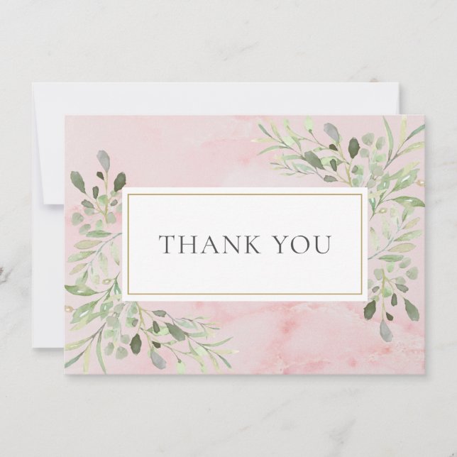 Elegant Pink Marble Greenery Leaves Thank You Card (Front)