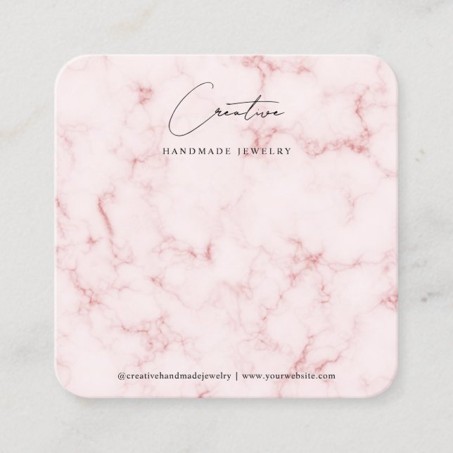 Elegant Pink Marble Handwritten Script Display Square Business Card (Front)