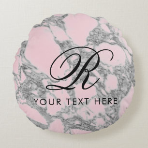Elegant pink marble monogram round throw pillow