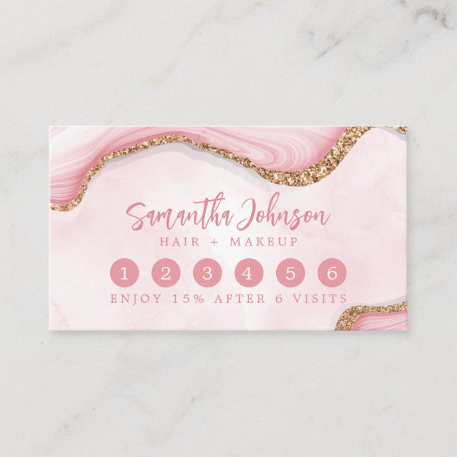 Elegant Pink Marble Swirl Watercolor Gold Glitter Loyalty Card (Front)