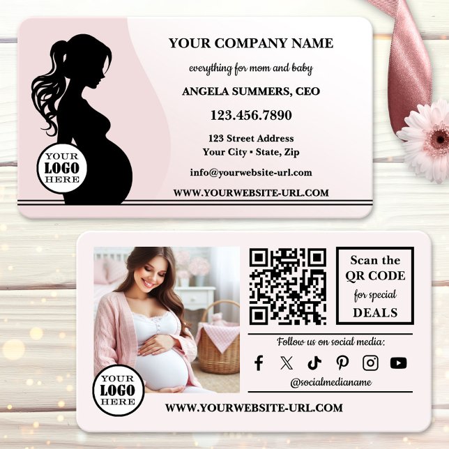 Elegant Pink Maternity Mother and Baby Retail Business Card (Elegant pink business card showing a silhouette of a pregnant woman - maternity or baby care retail)