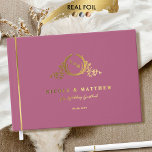 Elegant Pink Mauve and Real Foil Monogram Wedding Guest Book<br><div class="desc">Personalise this elegant monogrammed wedding guestbook featuring real gold, silver, or rose gold foil on exquisite monogram and front, spine, and back text. Pink mauve cover background colour in luxurious velvety-soft texture, and beautiful modern calligraphy details in a clean, minimal, and sleek style. Three size options with three inside paper-type...</div>