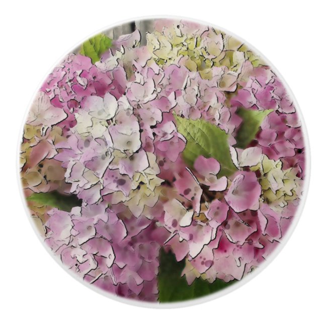Elegant Pink Mauve Hydrangeas in Watercolor Ceramic Knob (Front)