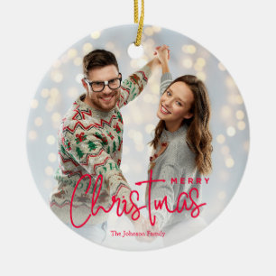 Elegant Pink Merry Christmas Photo Ceramic Tree Decoration