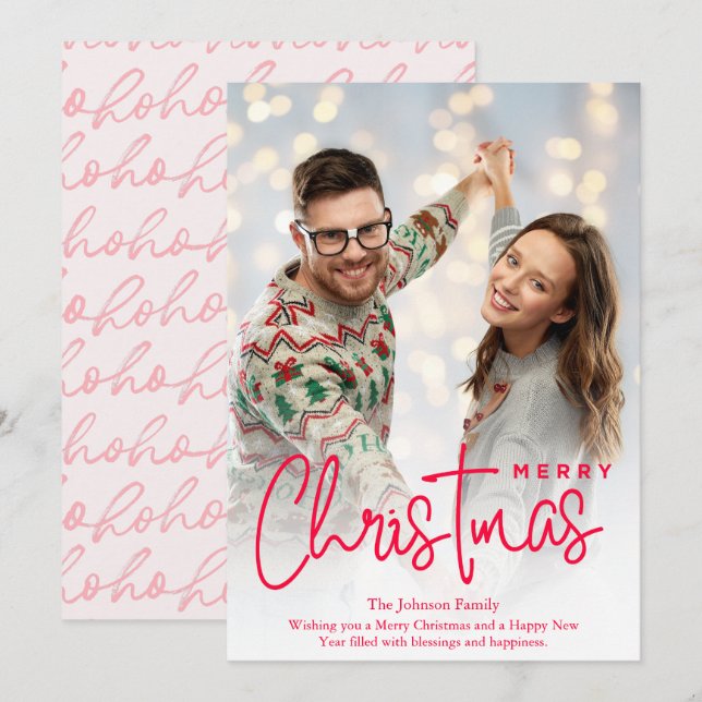 Elegant Pink Merry Christmas Photo Holiday Card (Front/Back)