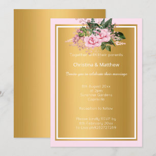 ELEGANT PINK METALLIC GOLD FLORAL 2 WEDDING  INVITATION