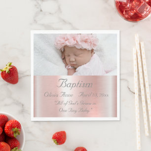 Elegant Pink Metallic Photo Name Baby Girl Baptism Napkin