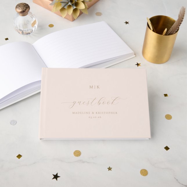 Elegant Pink Minimalist Calligraphy Guest Book (Front Open)
