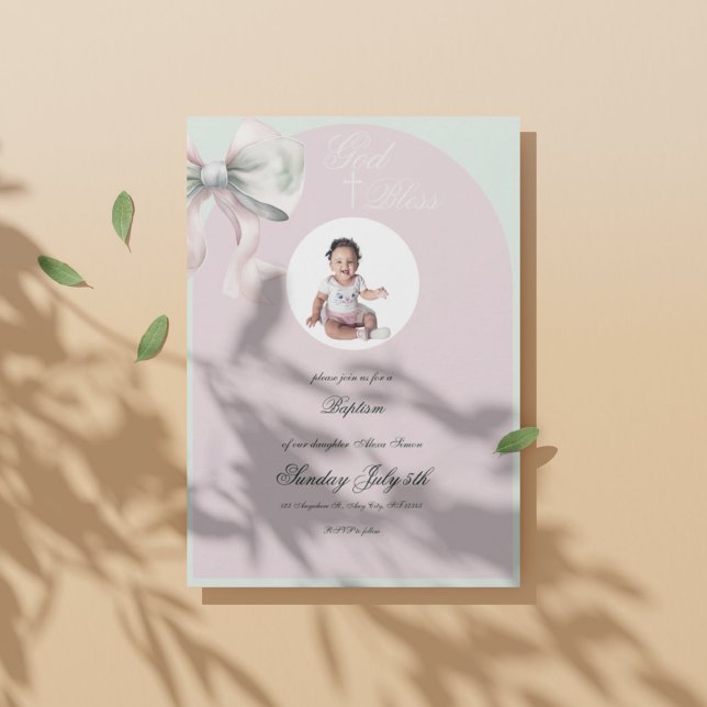 Elegant Pink Mint Bow Baptism for Baby Girl Invitation (1)