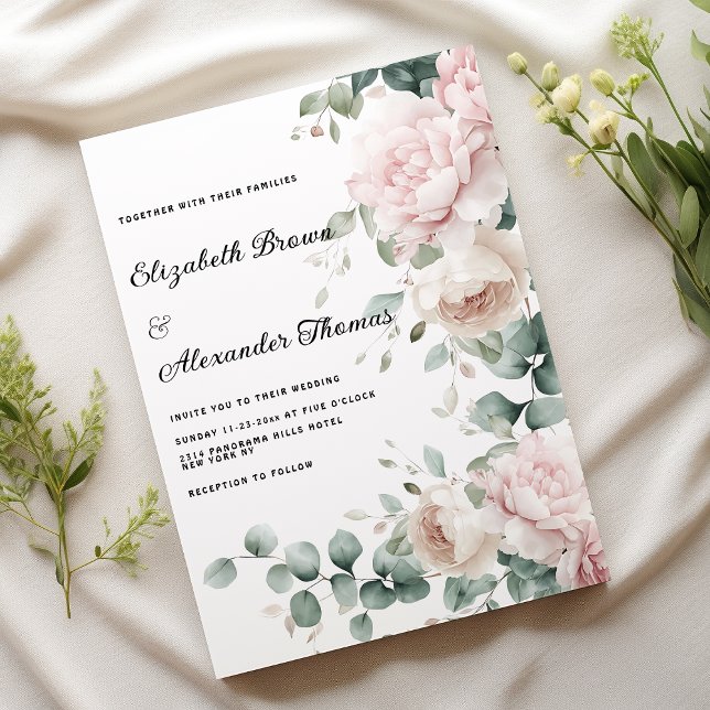 Elegant pink mint eucalyptus peony floral wedding invitation (Elegant pink mint eucalyptus peony floral Wedding)