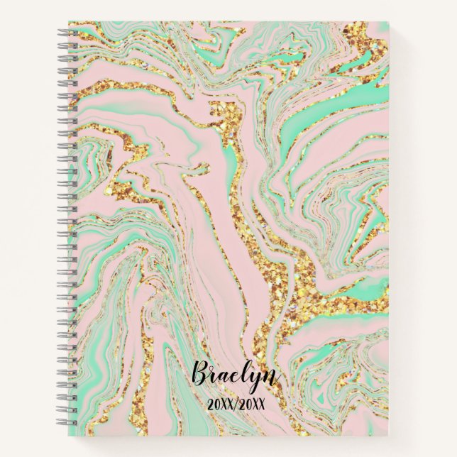 Elegant Pink Mint Gold Marbling Look Notebook (Front)