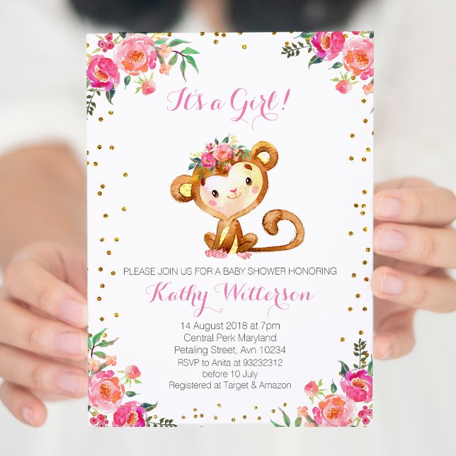 Elegant Pink Monkey Baby Girl Shower Invitation (Creator Uploaded)