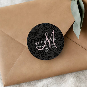 Elegant Pink Monogram Black Floral Return Address Classic Round Sticker