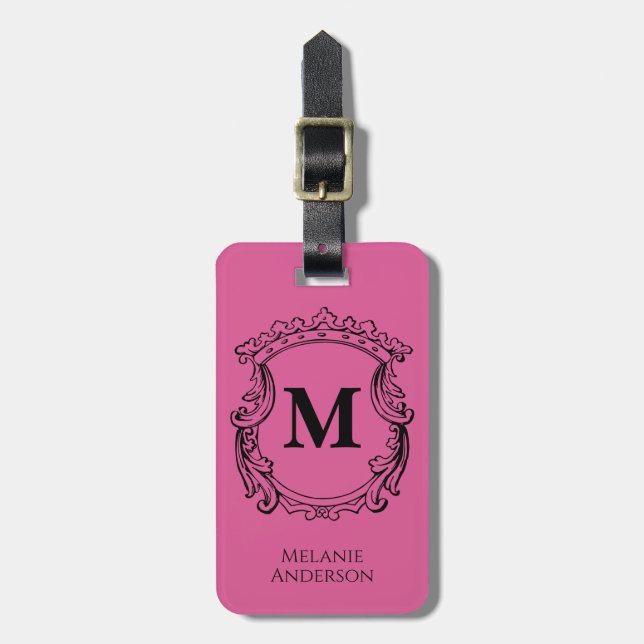 Elegant Pink Monogram Crest  Luggage Tag (Front Vertical)