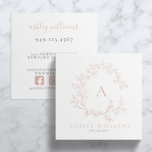 Elegant Pink Monogram Floral Crest Professional Square Business Card