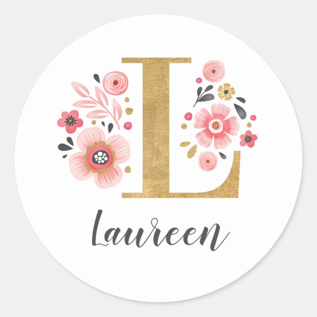Elegant Pink Monogram Floral Initial Letter L Classic Round Sticker (Front)