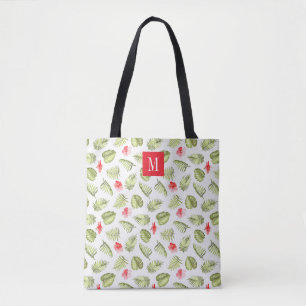 Elegant Pink Monogram green Palm Leaves Tote Bag