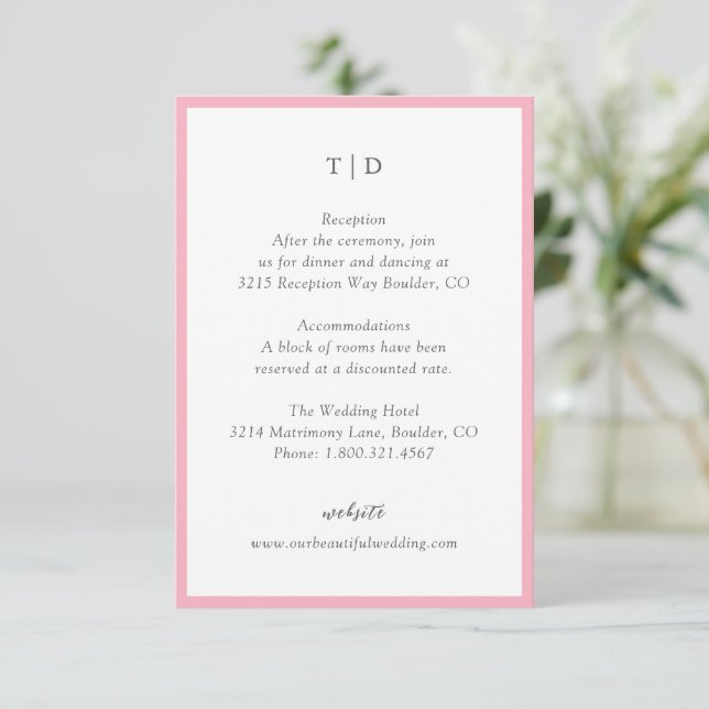 Elegant Pink Monogram Modern Wedding Enclosure Card (Standing Front)