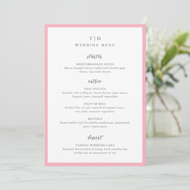 Elegant Pink Monogram Modern Wedding Menu (Standing Front)