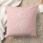 Elegant Pink Mr and Mrs Script Wedding Cushion<br><div class="desc">An elegant pink throw pillow featuring Mr. and Mrs. in flowing white calligraphy script with a customisable family name. The sweet white-on-pink design makes a charming wedding gift or delicate newlywed decor accent. All text is fully editable to personalise with the couple's name.</div>