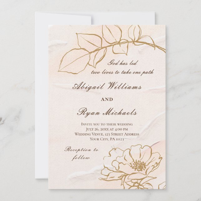 Elegant Pink Mustard Rose Leaves Christian Wedding Invitation (Front)