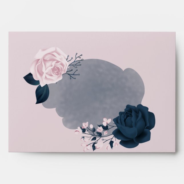elegant pink & navy flowers soft pink wedding  env envelope (Front)