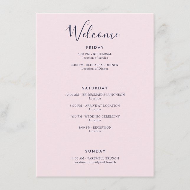 Elegant Pink Navy Modern Welcome Itinerary Enclosure Card (Front)