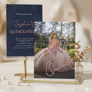 Elegant Pink & Navy Quinceañera Photo Invitation