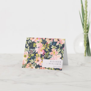 Elegant Pink Navy Watercolor Floral Custom Wedding Thank You Card