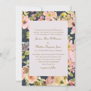 Elegant Pink Navy Watercolor Floral Formal Wedding Invitation
