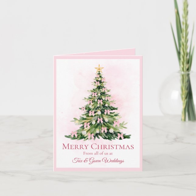Elegant Pink Non Photo Watercolor Tree Christmas Holiday Card (Front)