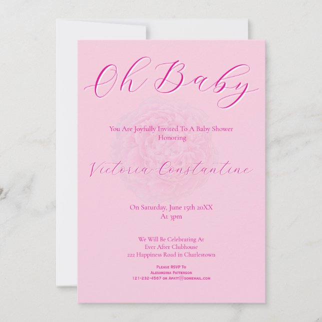 Elegant Pink Oh Baby Script Peony Baby Shower Invitation (Front)