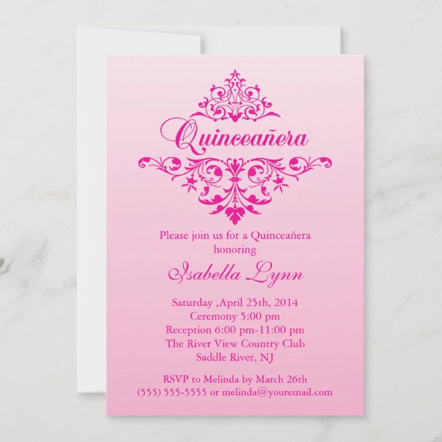 Elegant Pink Ombre Quinceañera Party Invitation (Front)